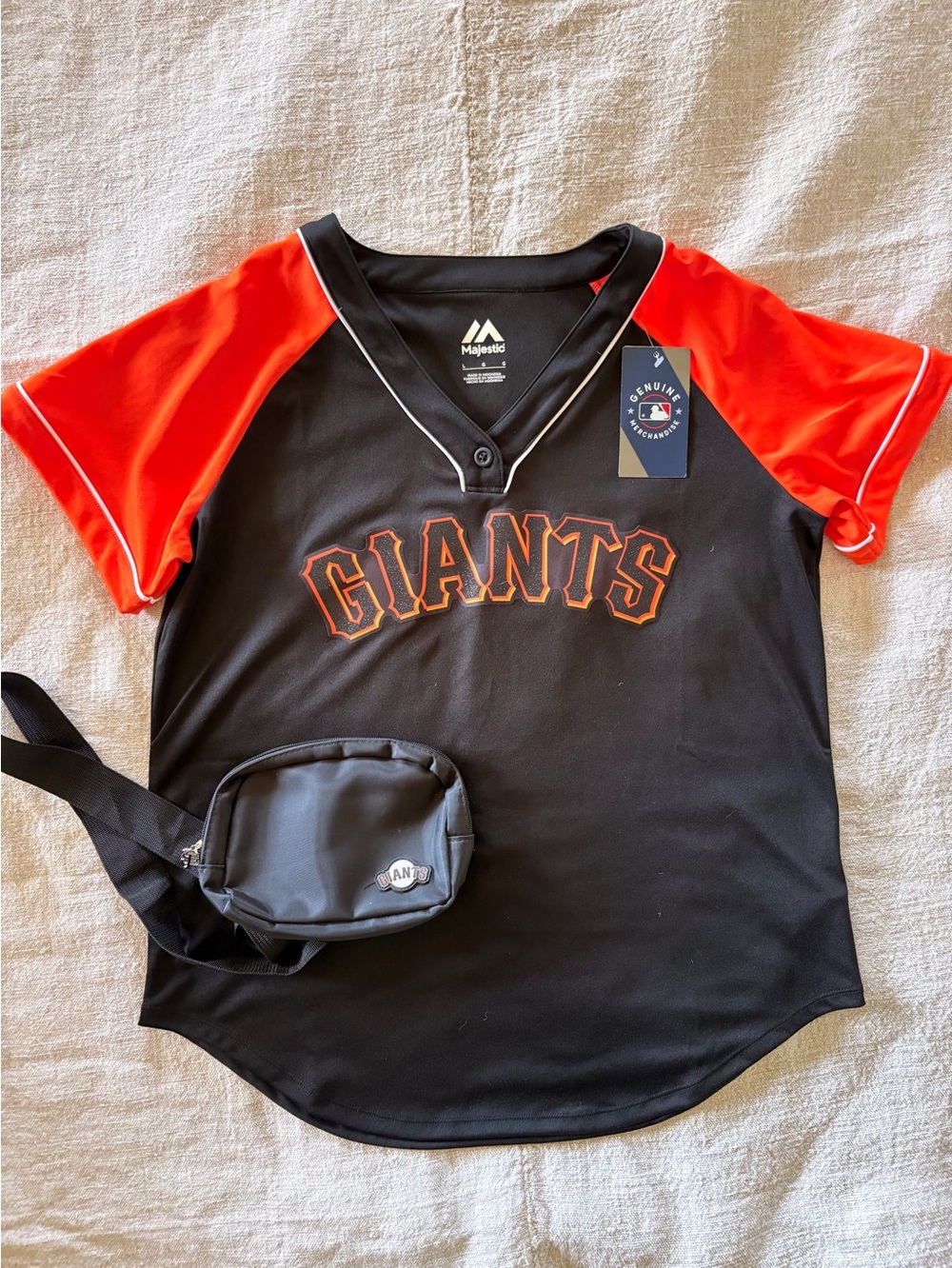 Majestic Giants Baseball Glitter Logo Black and Orange Jersey Womens L